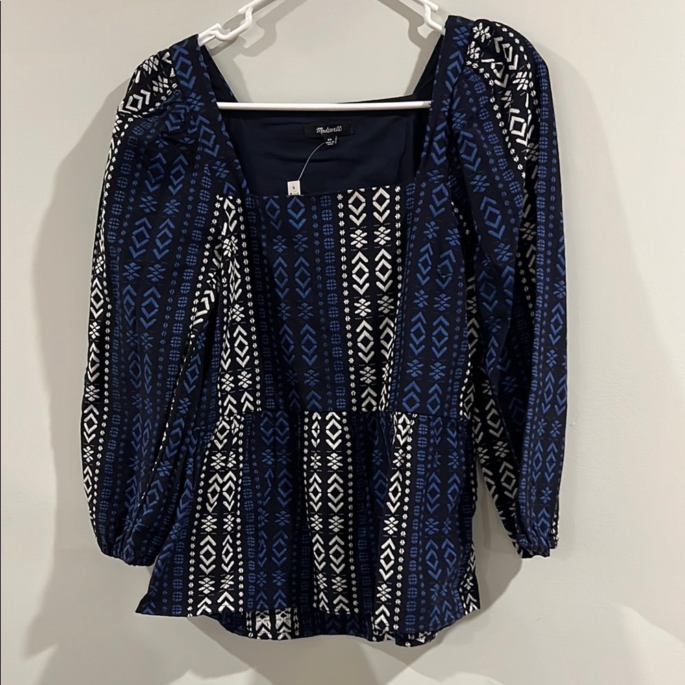 Madewell Blue/White/Black Smocked Blouse, Size XS (NWT)